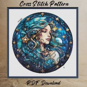 Blue Star Goddess Cross-stitch Pattern, Ethereal Cross-stitch PDF Download, Colourful Fantasy Modern Counted Cross-stitch PDF Pattern.