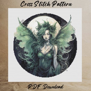 Green Fairy Counted Cross Stitch Pattern. Halloween Cross-stitch PDF Download. Spooky Lady Gothic Counted Cross-stitch PDF Pattern.