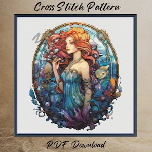 Mermaid Cross Stitch PDF Pattern. Stained Glass Style Counted Cross Stitch Pattern Download. Modern Fantasy Cross Stitch Pattern.