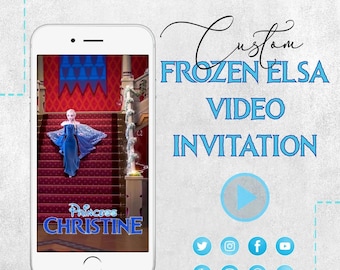 Może przedstawiać: Smartfon wyświetla spersonalizowane "Zaproszenie wideo Frozen Elsa". Obraz na ekranie przedstawia Elsę w niebieskiej sukni na schodach. Zaproszenie zawiera ikony mediów społecznościowych i imię "Princess Christine."