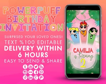 Może przedstawiać: Smartfon wyświetla zaproszenie na urodziny Atomówek. Zaproszenie zawiera tekst "POWERPUFF BIRTHDAY INVITATION" w kolorach. Zawiera tekst "CAMILIA is turning 2" oraz ikony mediów społecznościowych.