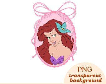 May include: A cartoon illustration of a woman with long red hair, a blue flower, and a purple top, framed in a pink oval with a bow. The image includes the text "PNG transparent background" and "Transparent background - NOT a vector".