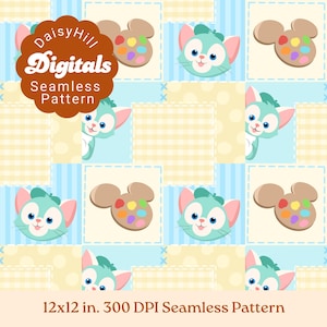 May include: A seamless digital pattern featuring a repeating grid of light blue and cream squares. The design includes illustrations of a teal cat face with a green beret and a brown mouse-shaped palette with colorful paint spots. Text reads DaisyHill Digitals Seamless Pattern and 12x12 in. 300 DPI Seamless Pattern.