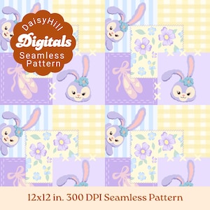 Könnte beinhalten: Ein nahtloses digitales Muster mit einem Raster aus lavendelfarbenen Hasen mit blauen Blumen, Ballettschuhen und Blumenquadraten auf gelb karierten und blau gestreiften Hintergründen. Der Text lautet DaisyHill Digitals Seamless Pattern 12x12 in. 300 DPI.