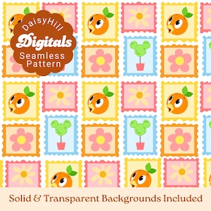 Puede incluir: Un patrón continuo con una cuadrícula de marcos cuadrados estilo sello postal que contienen ilustraciones de pájaros naranjas, flores rosas, margaritas amarillas y árboles topiarios verdes. Un logo marrón festoneado dice DaisyHill Digitals.