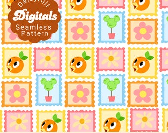 Motif orange en tissu avec timbres d'oiseaux | Fleurs et jardin (téléchargement numérique)
