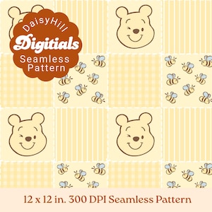Può includere: Un motivo digitale senza cuciture con una griglia ripetitiva di quadrati giallo chiaro. I quadrati alternano un volto d'orso disegnato a linee marroni o un motivo di piccole api con ali blu. Il testo recita DaisyHill Digitals Seamless Pattern 12 x 12 in. 300 DPI.