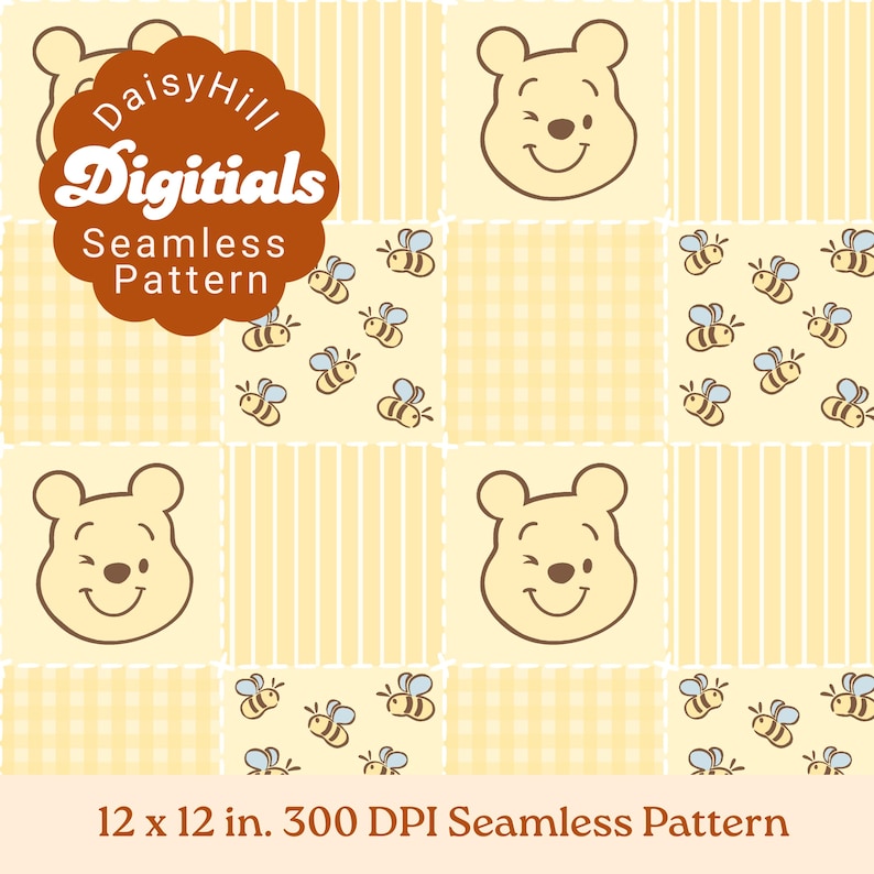 Op de afbeelding: Een naadloos digitaal patroon met een herhalend raster van lichtgele vierkanten. Afwisselende vierkanten tonen een bruin lijntekening-berenhoofd of een patroon van kleine bijtjes met blauwe vleugels. Tekst: DaisyHill Digitals Seamless Pattern 12 x 12 in. 300 DPI.