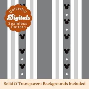 May include: A seamless digital pattern featuring vertical stripes in shades of gray and white. The design includes repeating black mouse head silhouettes and small white dots arranged in a line. A brown scalloped badge displays the text DaisyHill Digitals Seamless Pattern, and the bottom text reads Solid & Transparent Backgrounds Included.