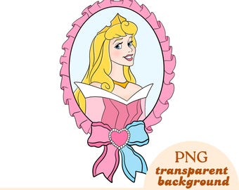 May include: A cartoon illustration of a princess with blonde hair, wearing a pink dress, inside a pink oval frame. A pink and blue bow with a heart-shaped gem is at the bottom. Text reads "PNG transparent background" and "Transparent background - NOT a vector."