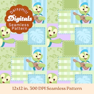 May include: A seamless digital pattern featuring a cartoon turtle playing a guitar, interspersed with musical notes, monstera leaves, and checkered squares in shades of green, blue, and purple. Text reads DaisyHill Digitals Seamless Pattern.