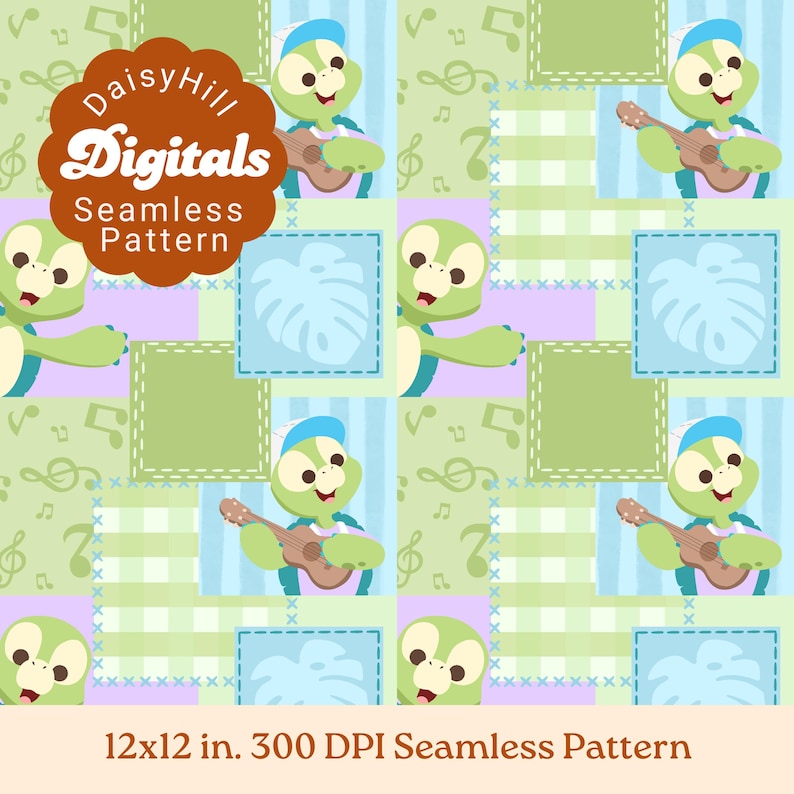 Peut inclure: Un motif num&eacute;rique sans couture repr&eacute;sentant une tortue de dessin anim&eacute; jouant de la guitare, parsem&eacute; de notes de musique, de feuilles de monstera et de carr&eacute;s &agrave; carreaux dans des tons de vert, bleu et violet. Texte DaisyHill Digitals Seamless Pattern.