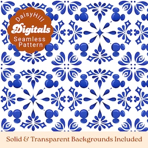 May include: A seamless digital pattern featuring a repeating blue and white tile-inspired design with stylized mouse-ear silhouettes. A brown scalloped badge in the top left corner displays the text DaisyHill Digitals Seamless Pattern.