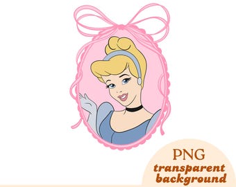 May include: A cartoon illustration of Cinderella in a pink oval frame with a bow at the top. Cinderella has blonde hair, blue eyes, and is wearing a blue dress and a black choker. The image includes the text "PNG transparent background".