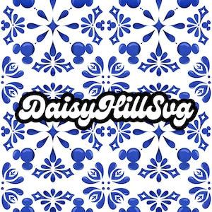 May include: A white background with a repeating pattern of blue floral and geometric designs. The text "Daisy Hill Svg" is displayed in a black and white font.