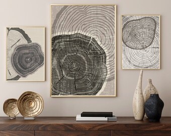 Tree Ring Print Set of 3, Beige Neutral Woodcut (Digital Print)