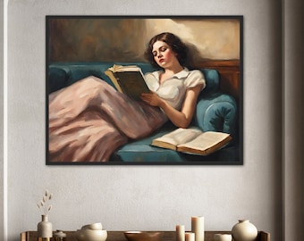Woman Reading on Sofa Art Print, Moody Portrait (Digital Download)