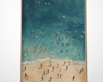 Tiny People Swimming Print, Beach Crowd Art Print, Aerial Seascape Painting, Teal Ocean (Digital Download)