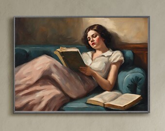 Woman Reading Art Print | Vintage Sofa Portrait (Digital Download)