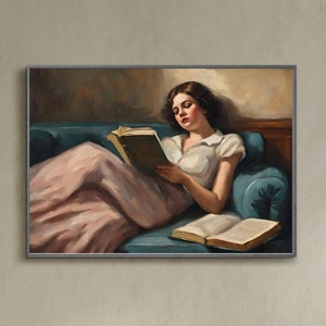 Woman Reading Art Vintage Decadent Young Woman on Sofa Literary Gifts for Women Moody Woman Portrait Painting Digitale Kunst Peinture