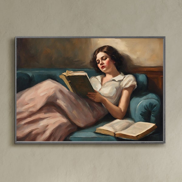 Woman Reading Art Vintage Decadent Young Woman on Sofa Literary Gifts for Women Moody Woman Portrait Painting Digitale Kunst Peinture