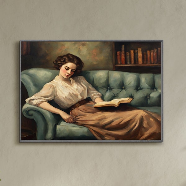 Woman Reading Art Vintage Decadent Young Woman on Sofa Literary Gifts for Women Moody Woman Portrait Painting Digitale Kunst Peinture