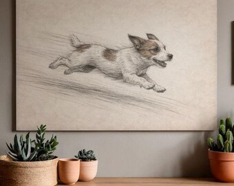 Running Puppy Sketch Print, Cute Dog Wall Art, Vintage Style Dog Drawing, Gift for Dog Lovers