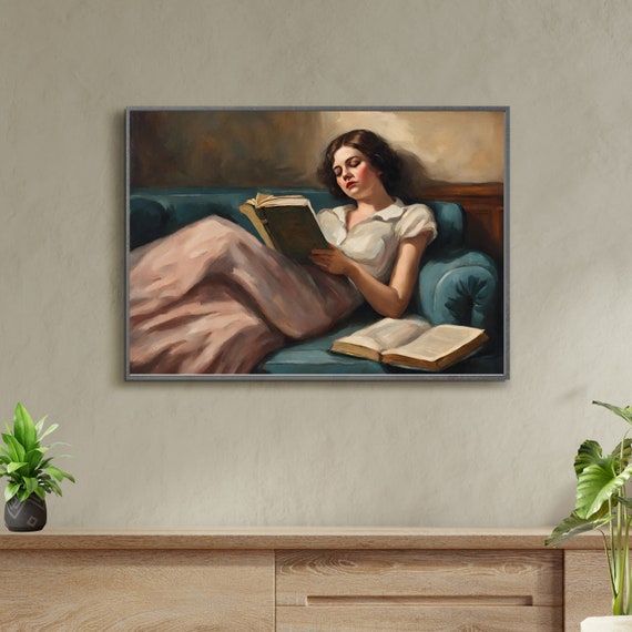 Woman Reading Art Print | Vintage Sofa Portrait (Digital Download)