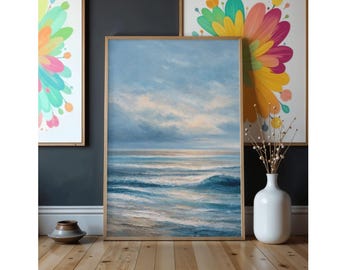 Blue Ocean Waves Art Print, Coastal Seascape Painting (Digital Download)