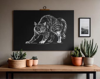 Black Cat Art Print | Moody Chalk Illustration, Gothic Decor (Digital Download)