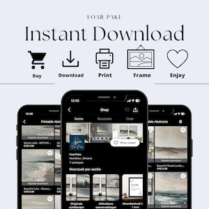 May include: A screenshot of a mobile phone displaying a shop for printable abstract art. The shop is called "FoarPake" and is located in Hamilton, Ontario. The shop has 7 sales. The phone screen shows a selection of abstract art prints, including "Stormy Lake", "Beautiful Lake", and "Beautiful Muted Landscape".