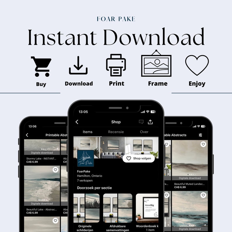 May include: A screenshot of a mobile phone displaying a shop for printable abstract art. The shop is called "FoarPake" and is located in Hamilton, Ontario. The shop has 7 sales. The phone screen shows a selection of abstract art prints, including "Stormy Lake", "Beautiful Lake", and "Beautiful Muted Landscape".