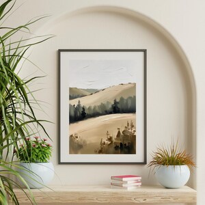 Minimalist Beige Printable Wall Art - Open Field Landscape with Grass, Trees & Hills - Neutral Toned Nature Decor for Home or Office