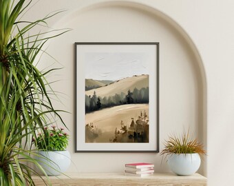 Minimalist Beige Landscape Print – Neutral Field, Trees, and Hills (Digital Download)
