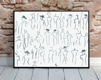 Minimalist Line Art Print, Vintage Sketch Crowd (Digital Download)