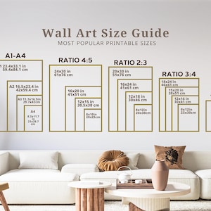 May include: A wall art size guide with different ratios and measurements in inches and centimeters. The guide includes sizes like 11x14, 12x16, 16x20, 18x24, 20x30, 24x30, and more.