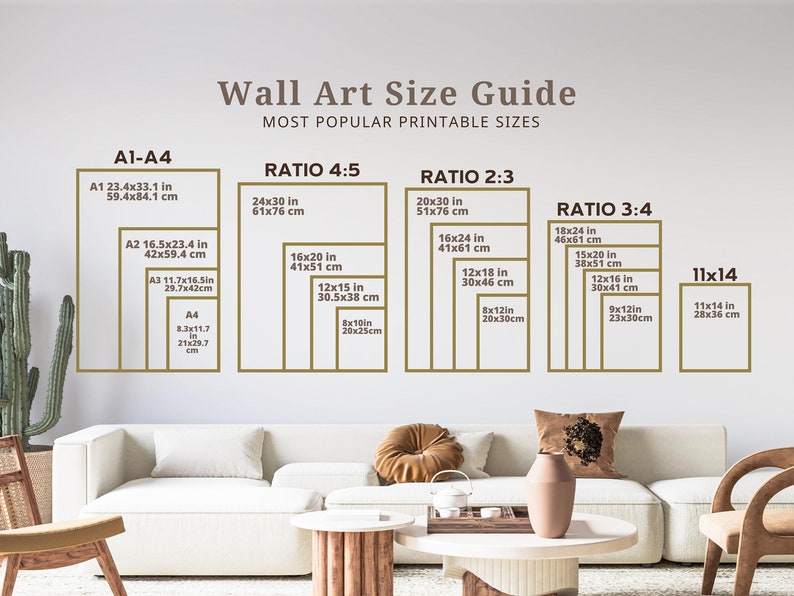 May include: A wall art size guide with different ratios and measurements in inches and centimeters. The guide includes sizes like 11x14, 12x16, 16x20, 18x24, 20x30, 24x30, and more.