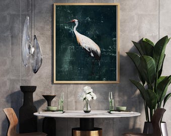 Japanese Crane Art Print, Abstract Bird Painting, Japandi Decor (Instant Download)