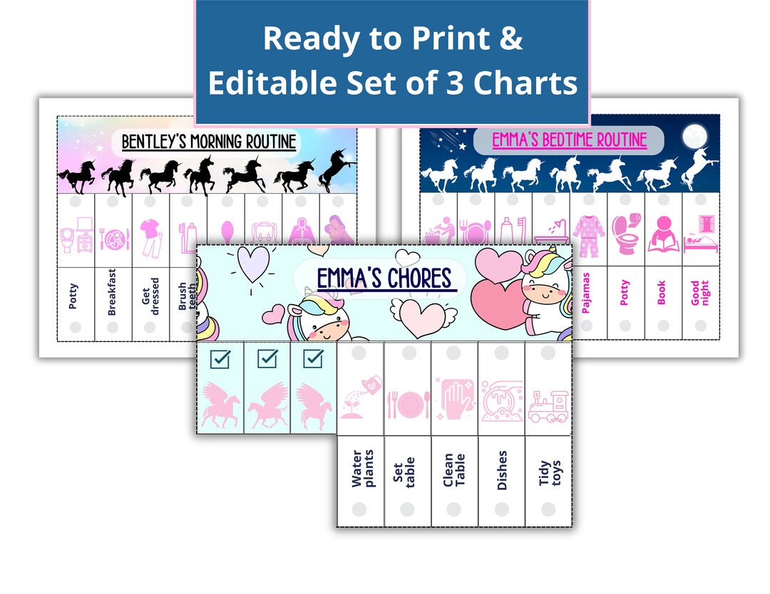 Bedtime Routine Kids Daily Schedule Editable Chore Chart Unicorns ...