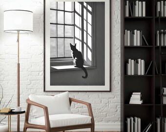 Abstract Black Cat Art Print, Minimalist Cat Sketch (Digital Download)