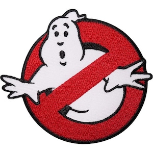 May include: A red and white embroidered patch with a ghost in a no symbol. The ghost is white with black outlines and has a surprised expression. The no symbol is red with a black outline.