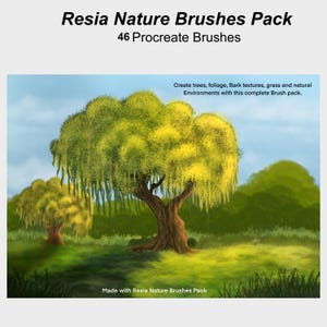 Puede incluir: Ilustración digital de un paisaje con dos sauces llorones con follaje amarillo-verdoso y troncos marrones. La escena incluye un campo de hierba y un cielo azul claro. El texto en la parte superior dice "Resia Nature Brushes Pack" y "46 Procreate Brushes".
