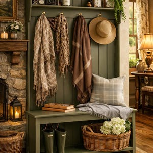 May include: A dark olive green wooden hall tree featuring a bench seat, a top shelf, and four brass hooks. The unit holds two plaid scarves, a solid brown scarf, a tan hat, a plaid throw pillow, a grey blanket, and two dark green rain boots.
