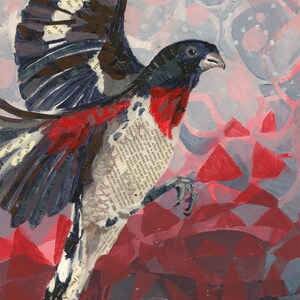 Original Acrylic Painting and Hand Printed Collage of a Grosbeak, Nature Inspired Art for Small Home Decor and Gift for the Bird Lover