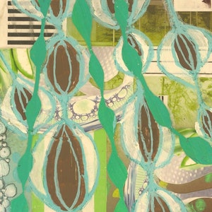 Peinture et collage abstraits originaux en techniques mixtes sur papier intitulé « Neptune »
