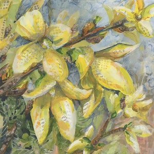 Könnte beinhalten: Eine Nahaufnahme von gelben Blüten mit grünen Blättern und Stielen. Die Blüten sind in Aquarelltechnik mit einem strukturierten Hintergrund gemalt.