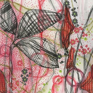Pintura acrílica original, botânica abstrata vermelha e arte de colagem