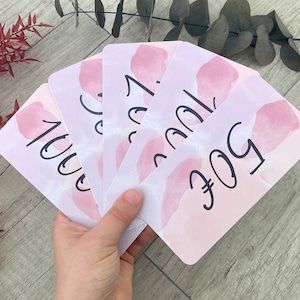 Op de afbeelding: Zes roze kaarten met aquarelontwerpen en zwarte nummers. De nummers zijn 100, 200, 300, 400, 500 en 600.
