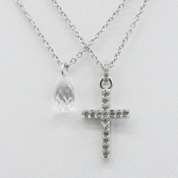 SIGNED Swarovski Crystal Cross, Double-Strand Sil… - image 1