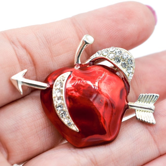 Rhinestone Apple Brooch Pin - Red Enamel Apple  - 